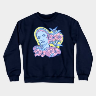 Blue Girl With Pastel Blossoms on a Yellow Sky Crewneck Sweatshirt